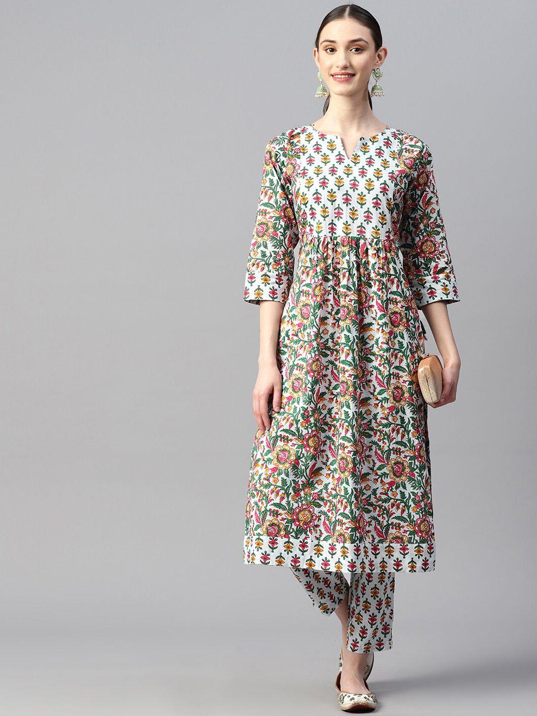 indibelle floral printed notched screen print neck a-line pure cotton kurta