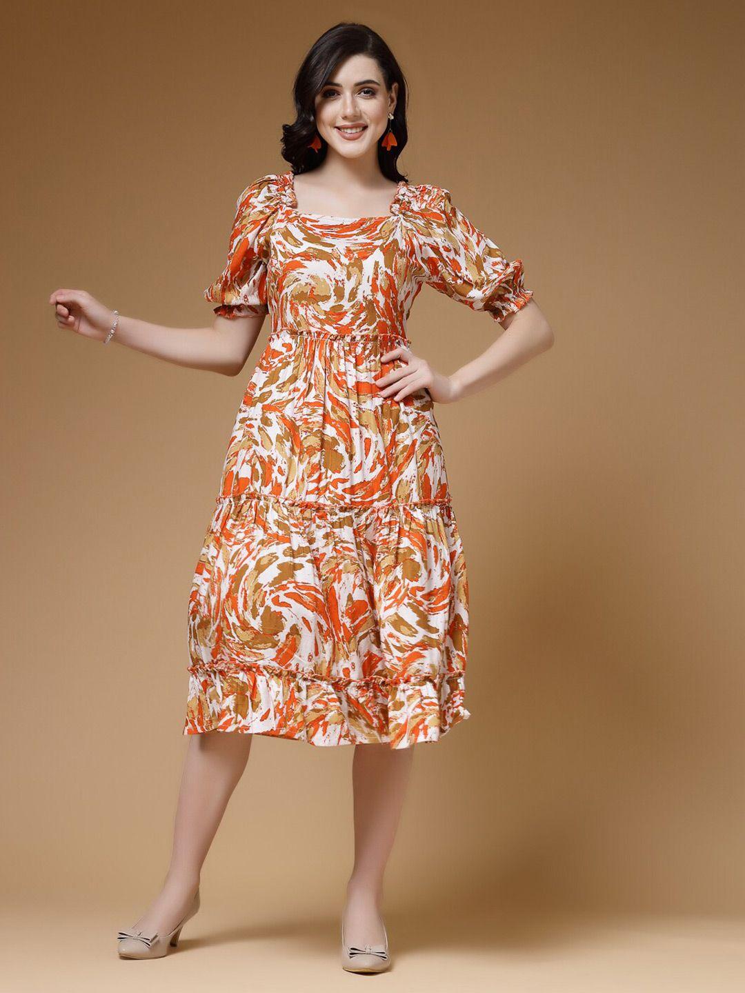 indibelle floral printed puff sleeves tiered fit and flared midi dress