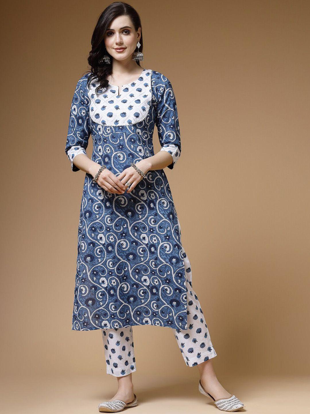 indibelle floral printed regular gotta patti pure cotton straight kurta with trousers