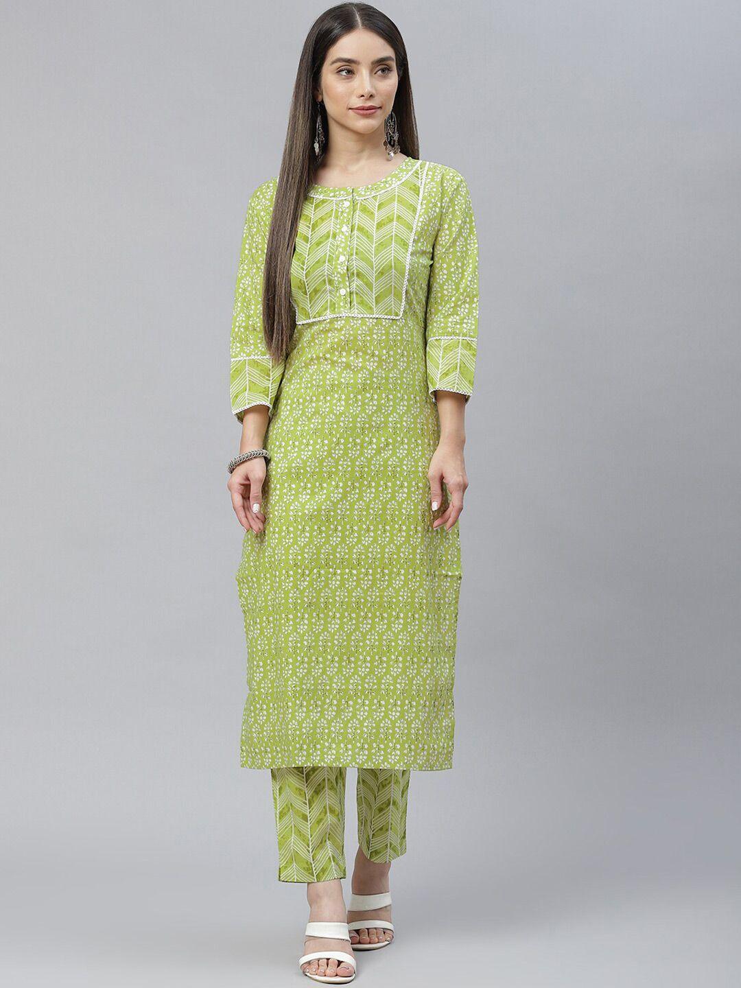indibelle floral printed regular pure cotton straight kurta with trousers