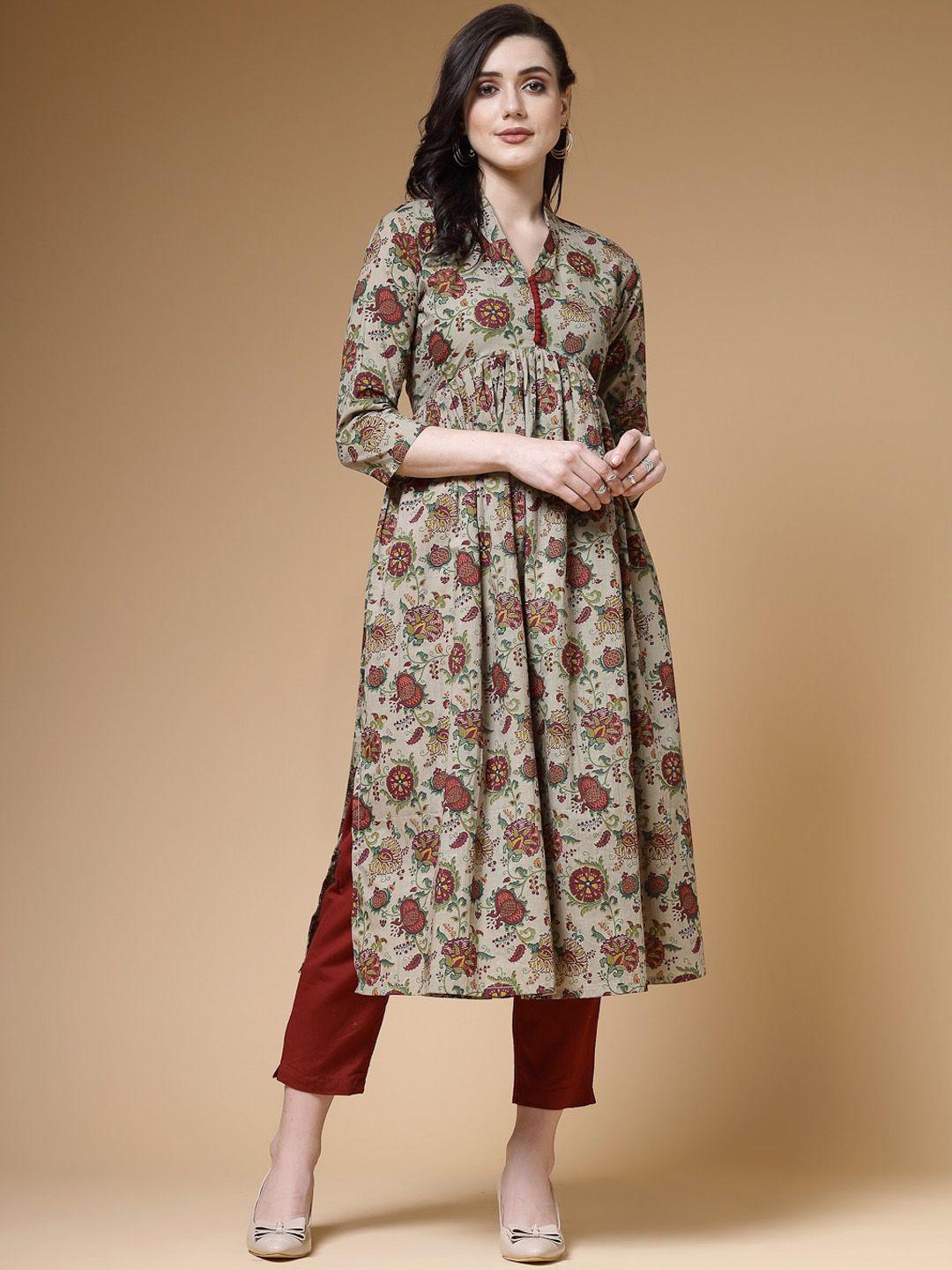 indibelle floral printed shawl neck pleated cotton a-line kurta