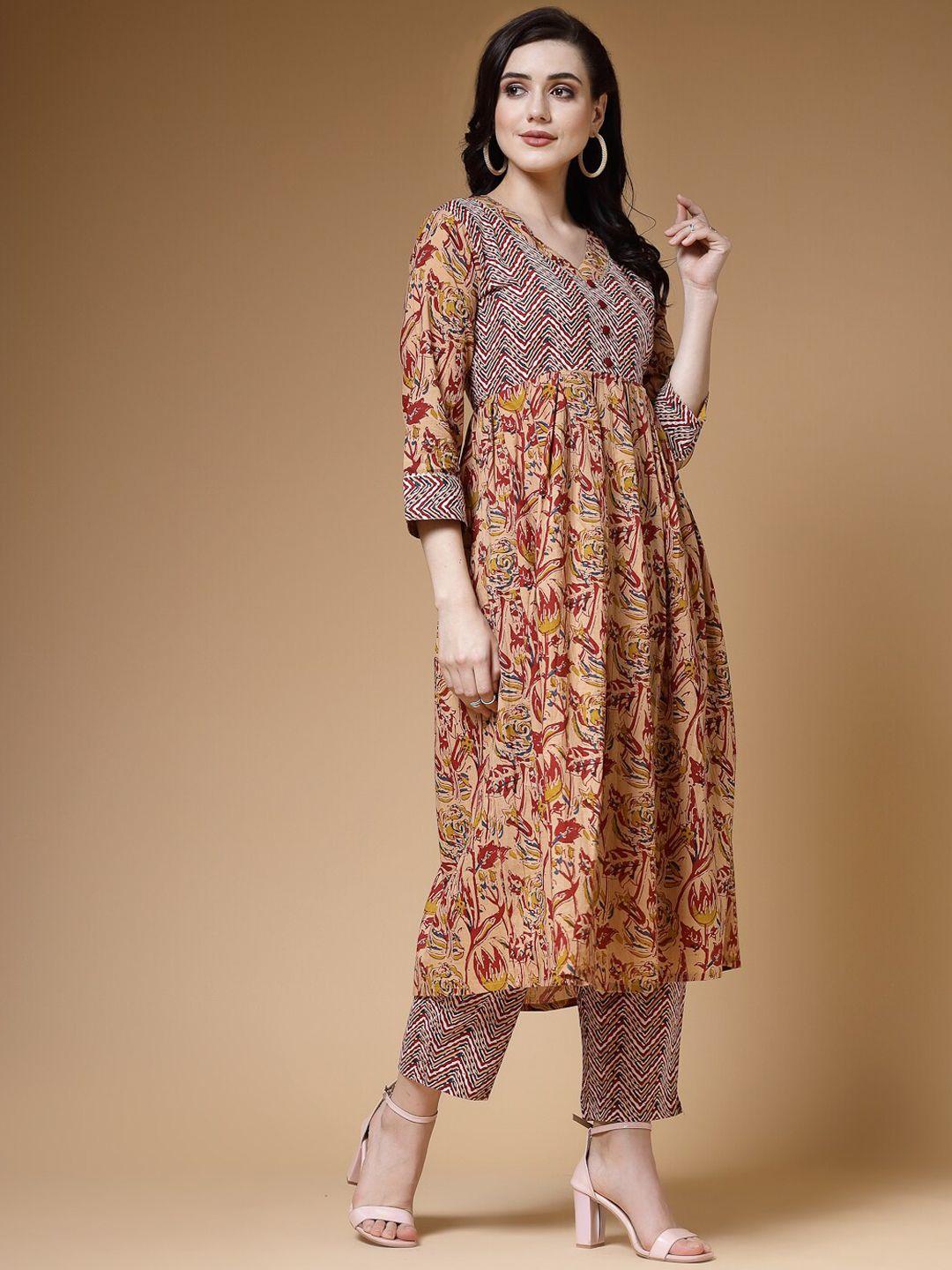 indibelle floral printed thread work pleated cotton kurta