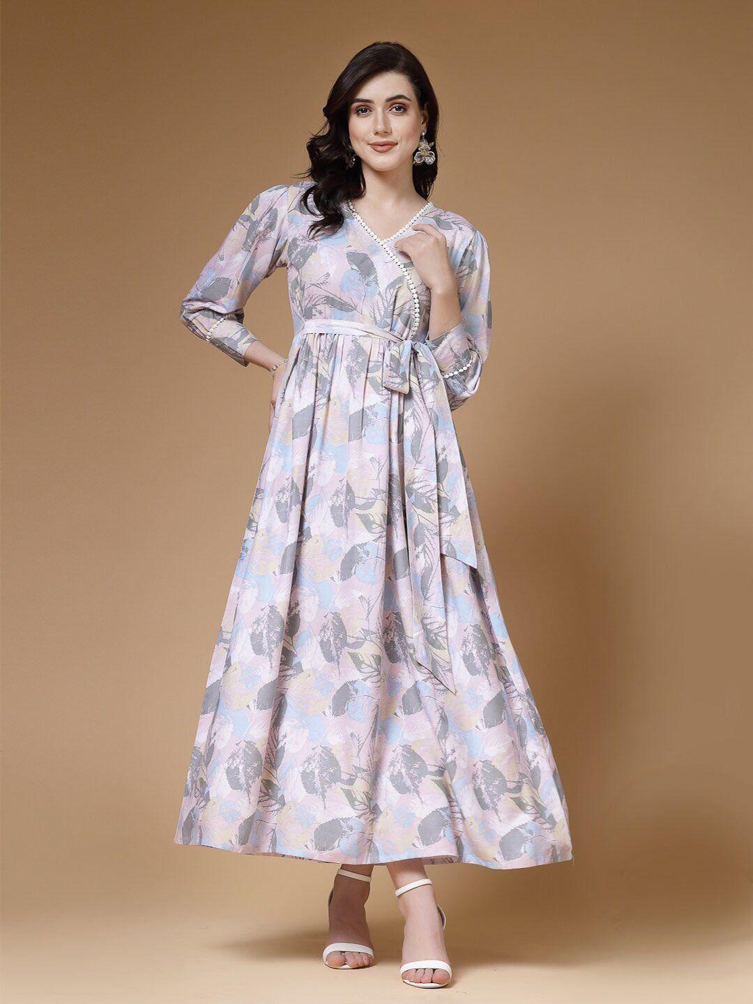 indibelle floral printed v-neck puff sleeves tie-ups maxi dress