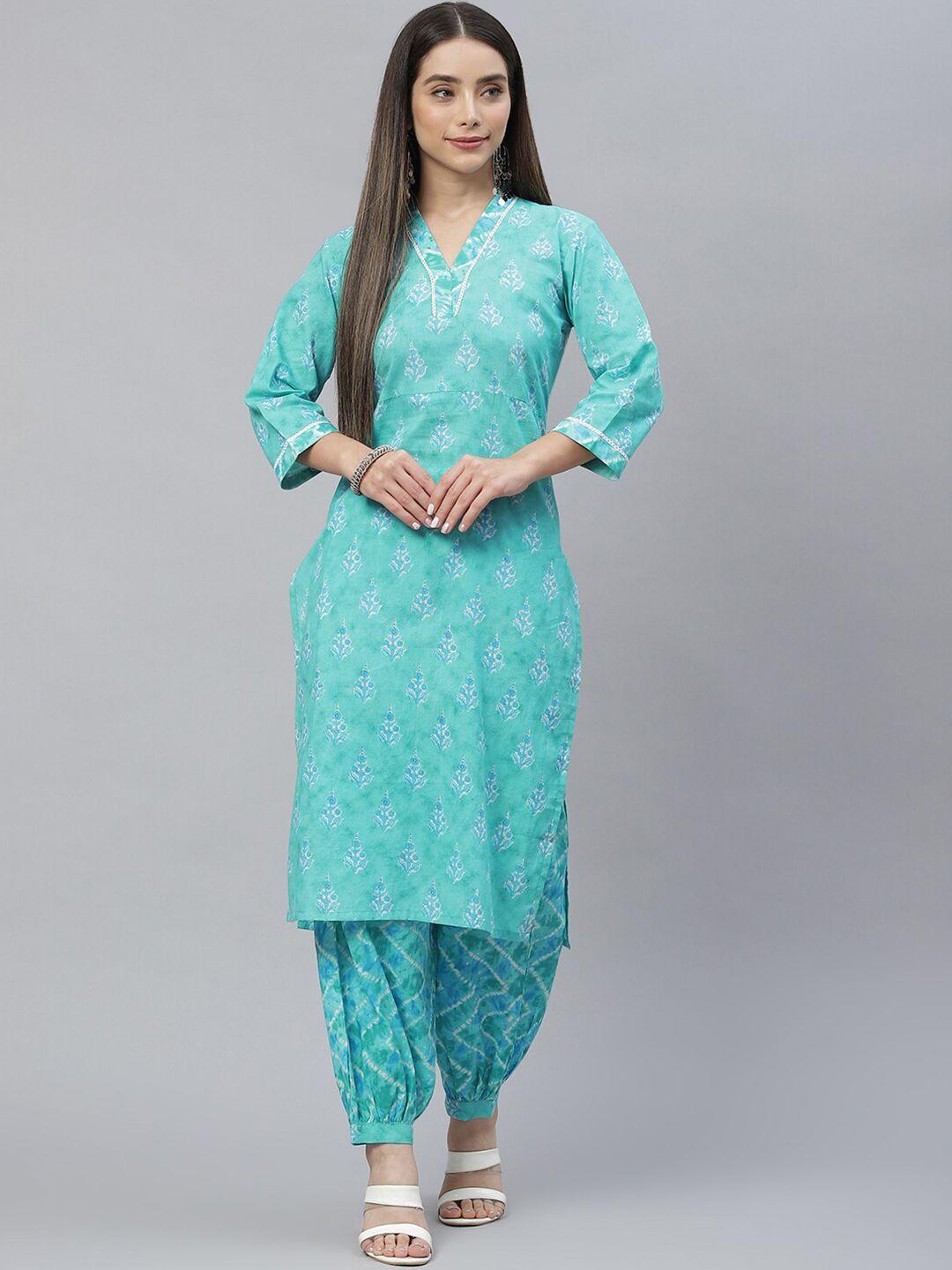 indibelle floral printed v neck regular pure cotton straight kurta with trouser