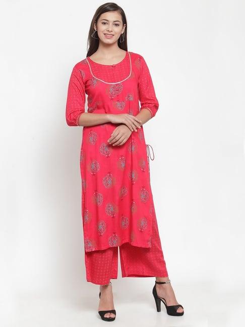 indibelle fuchsia floral print straight kurta