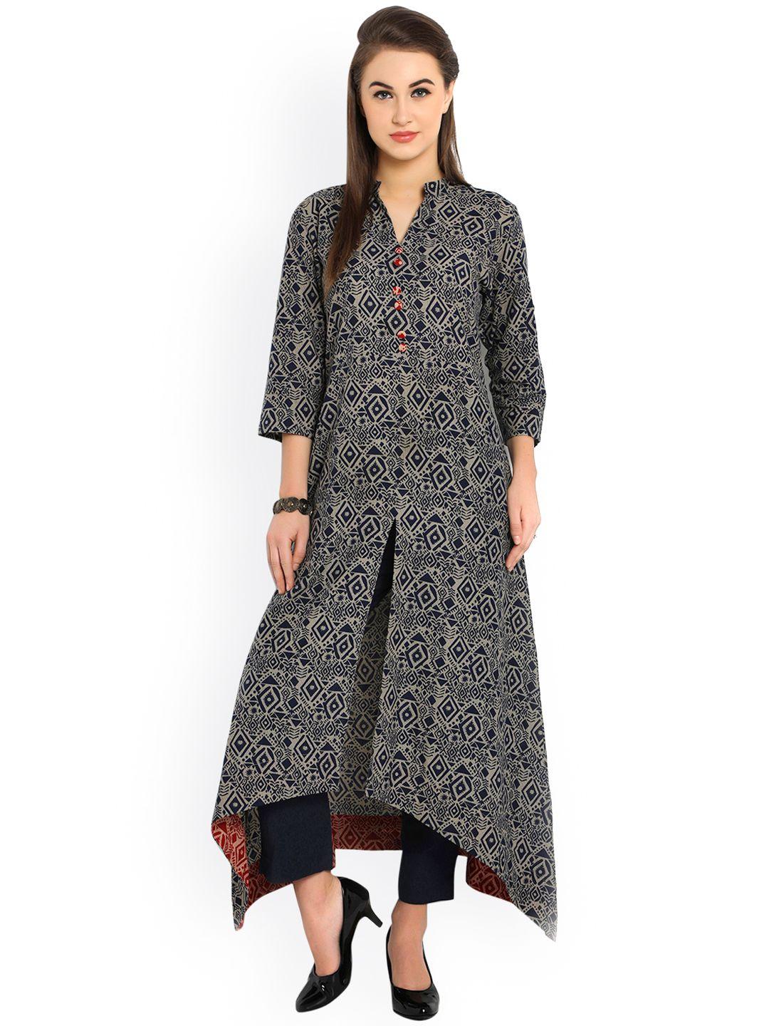 indibelle grey & navy printed a-line kurta with trousers