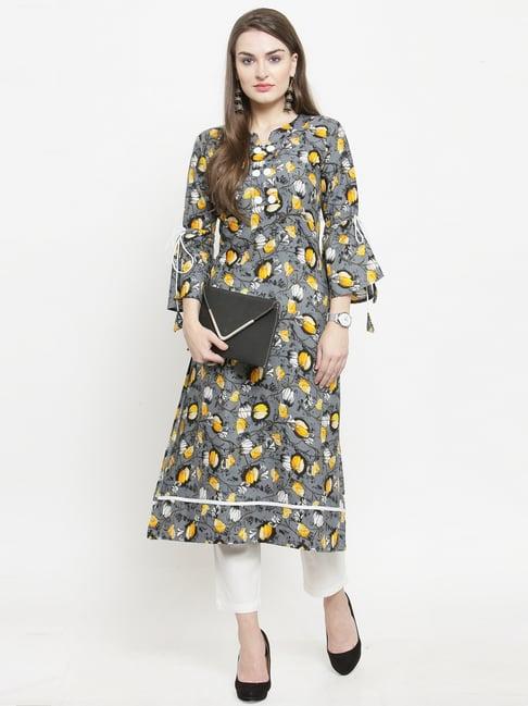 indibelle grey & yellow floral print straight kurta