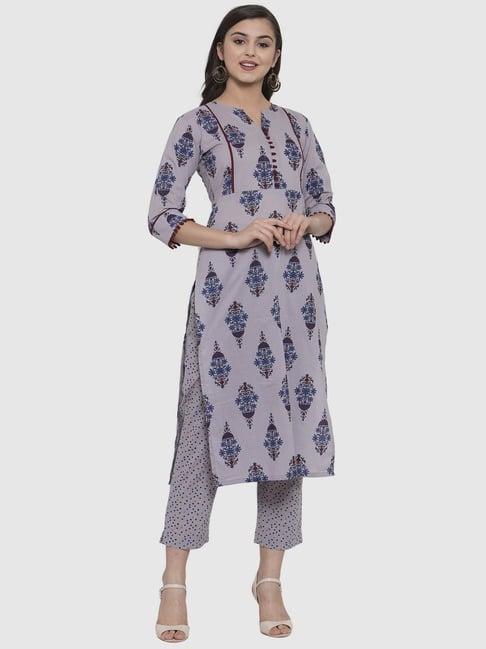 indibelle grey cotton printed straight kurta