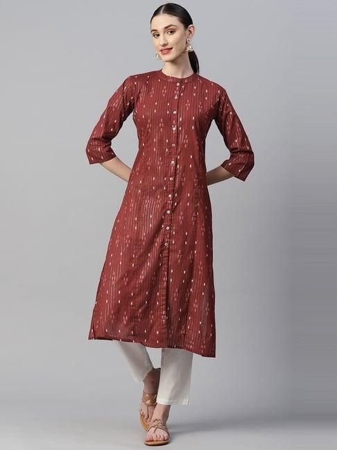 indibelle maroon & white cotton ikkat print kurta pant set