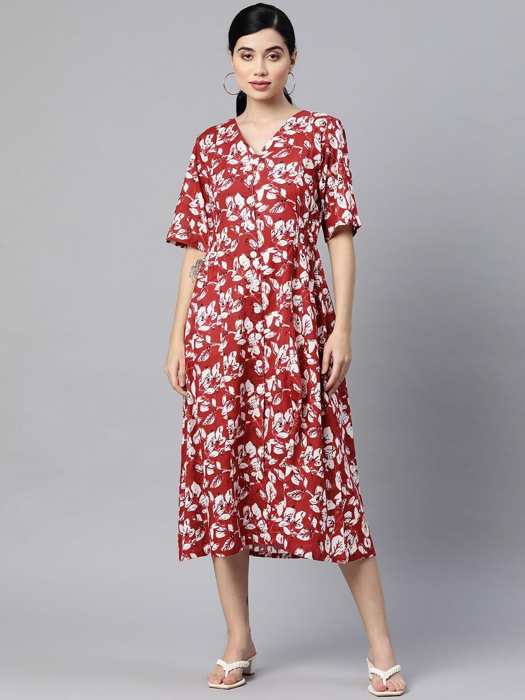 indibelle maroon & white floral pure cotton midi a-line dress