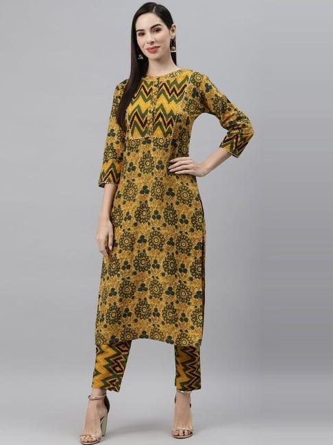 indibelle mustard cotton floral print straight kurta