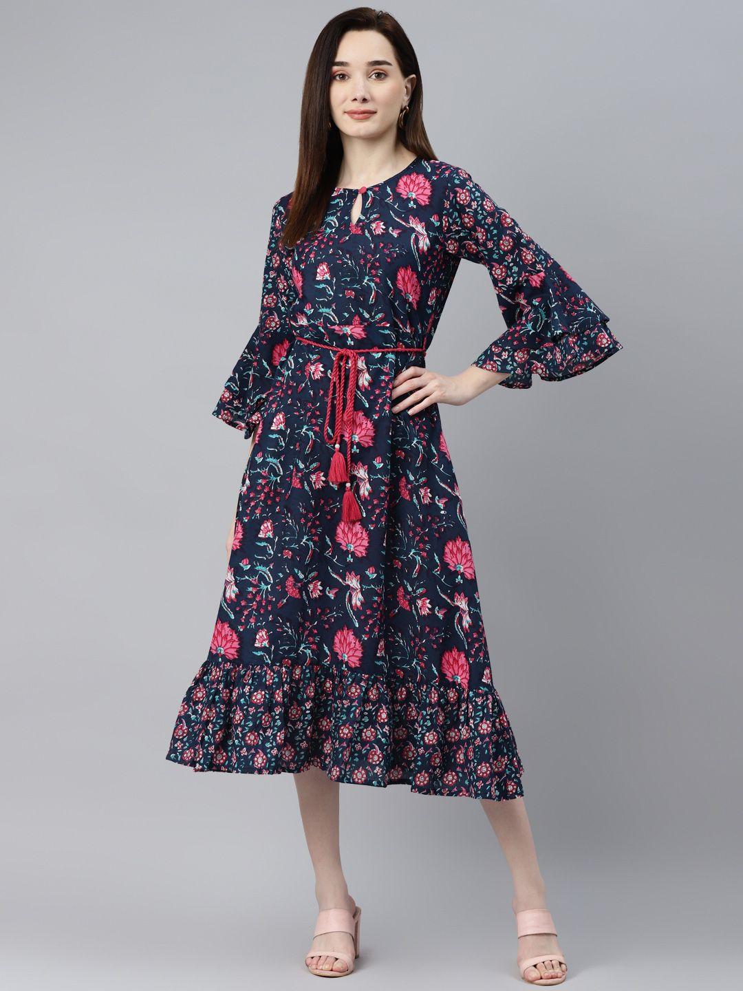 indibelle navy blue & pink ethnic motifs bell sleeves ethnic a-line midi dress