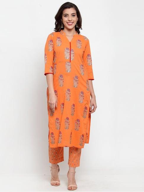 indibelle orange cotton floral print straight kurta