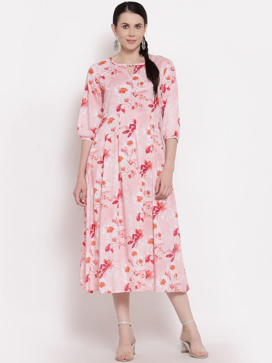 indibelle pink & red floral keyhole neck ethnic a-line midi dress