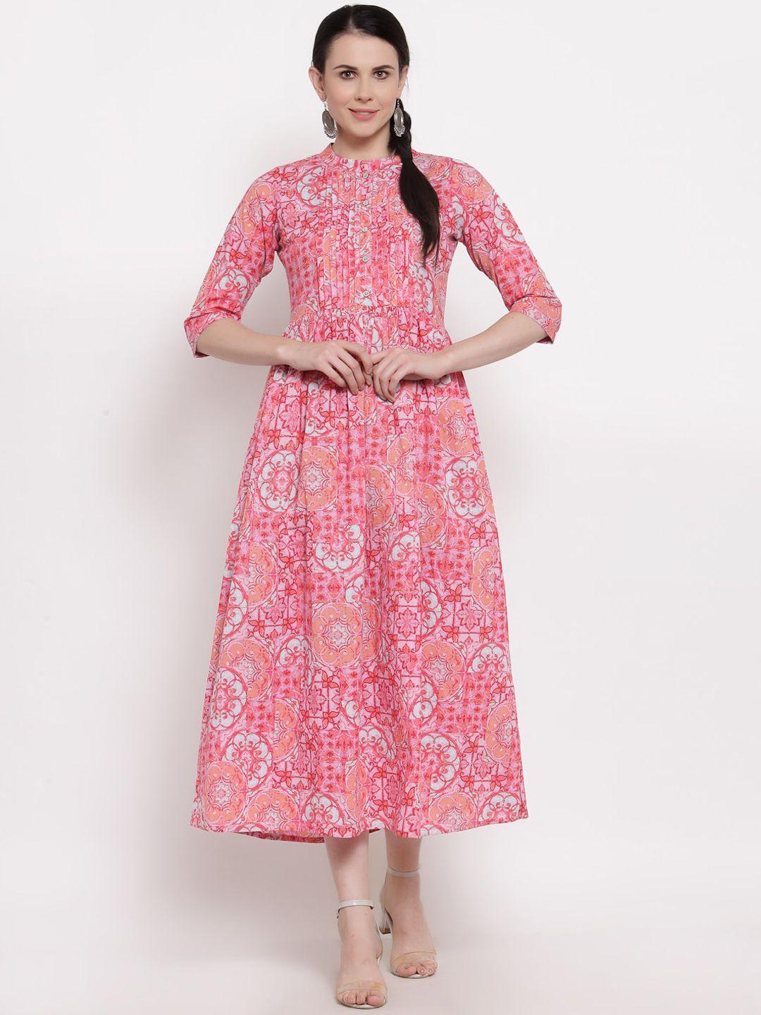 indibelle pink & white ethnic motifs cotton ethnic a-line midi dress