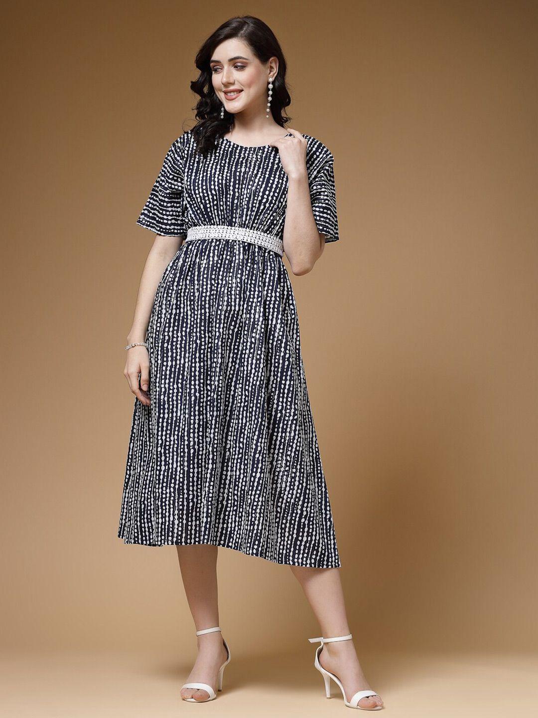indibelle striped printed belted a-line cotton midi dress