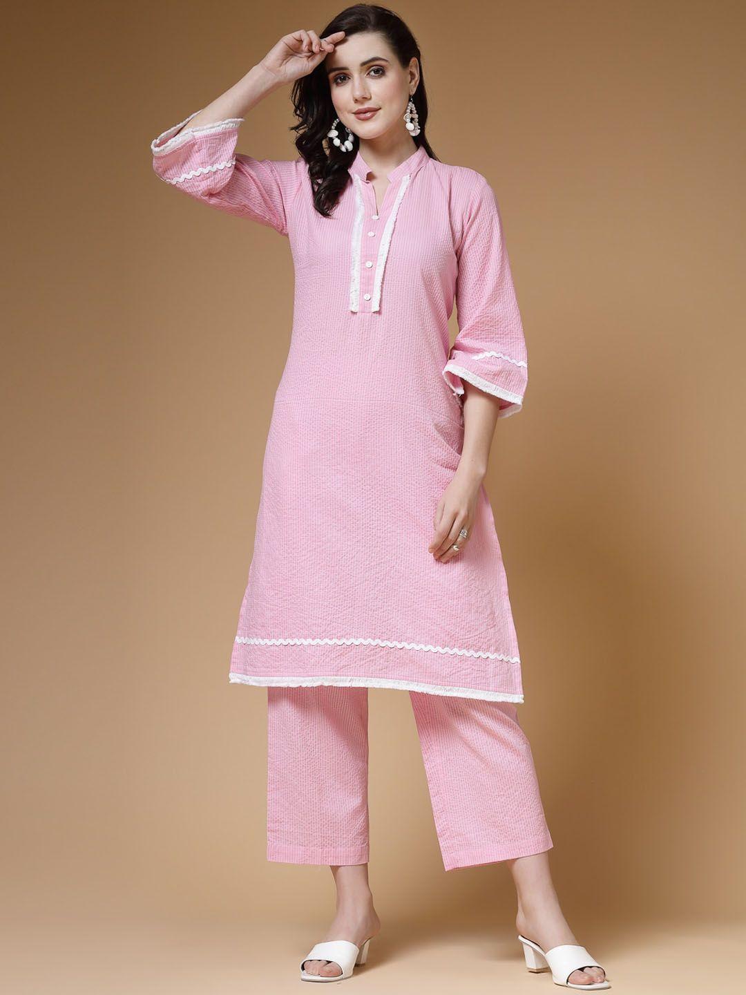 indibelle striped thread work kantha cotton a-line kurta