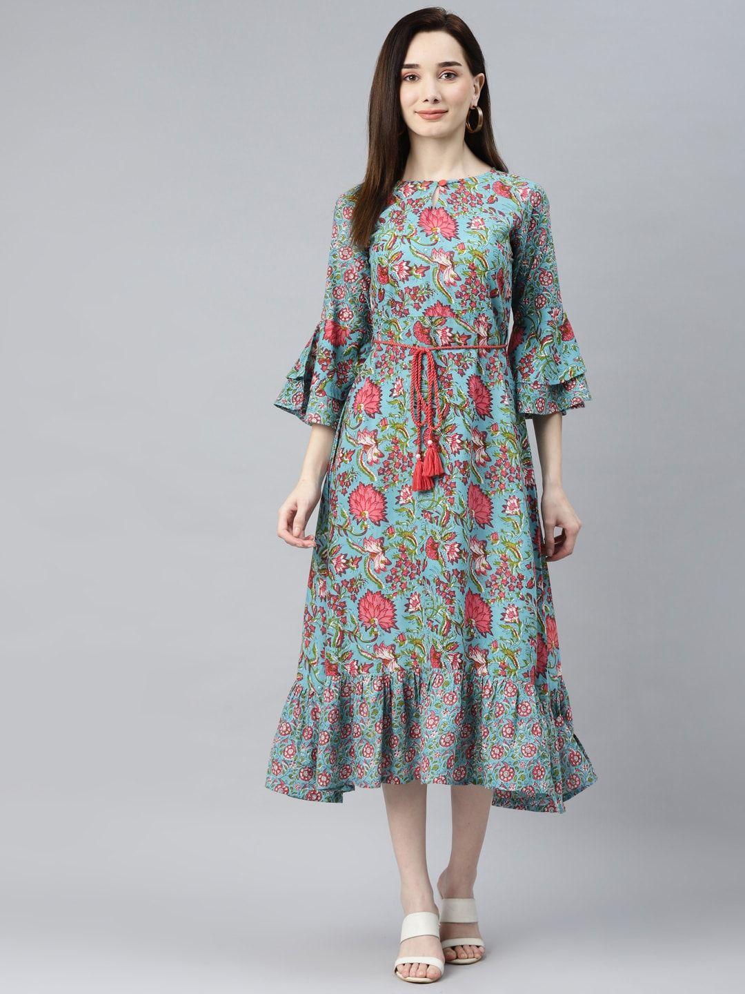 indibelle turquoise blue & red ethnic motifs printed bell sleeves ethnic a-line midi dress