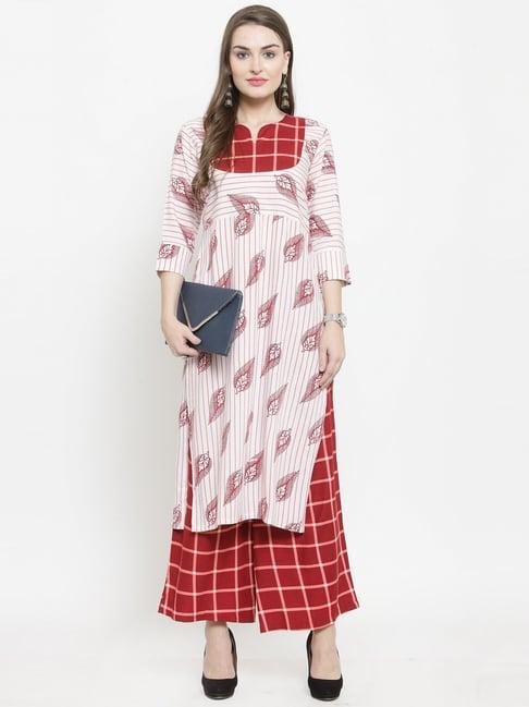 indibelle white & maroon printed straight kurta