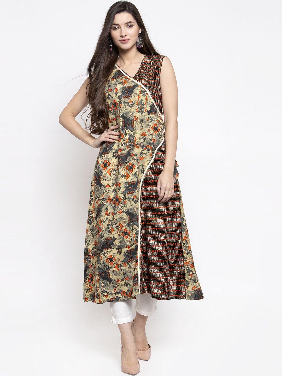 indibelle women beige & orange printed a-line angrakha kurta