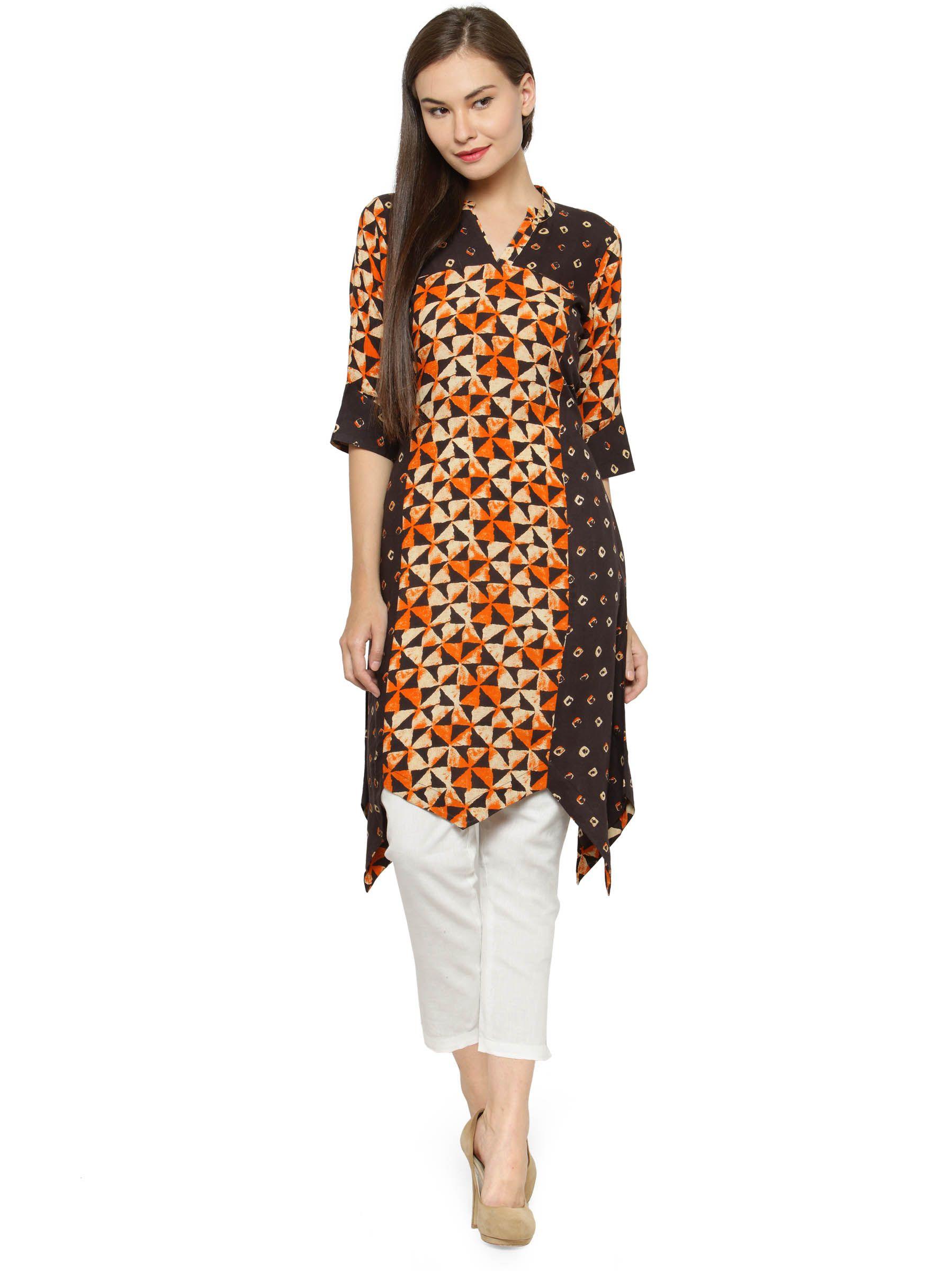 indibelle women beige & orange printed kurta with trousers