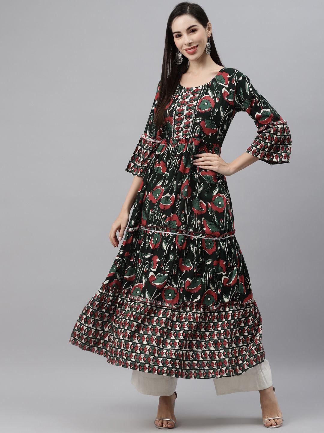 indibelle women black & red ethnic motifs printed kurta