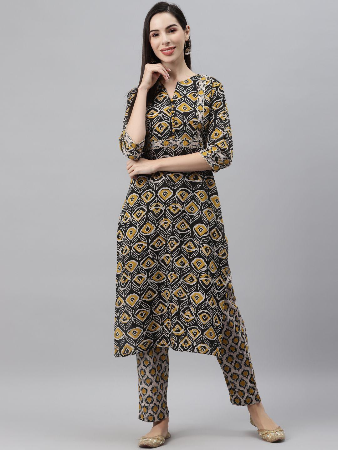 indibelle women black & yellow ethnic motifs printed kurta