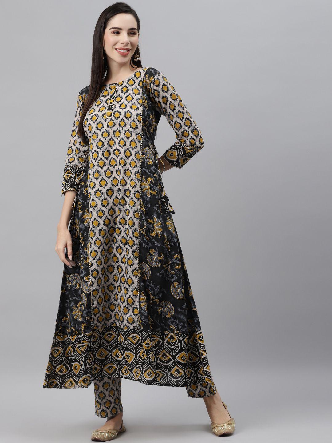 indibelle women black & yellow ethnic motifs printed kurta
