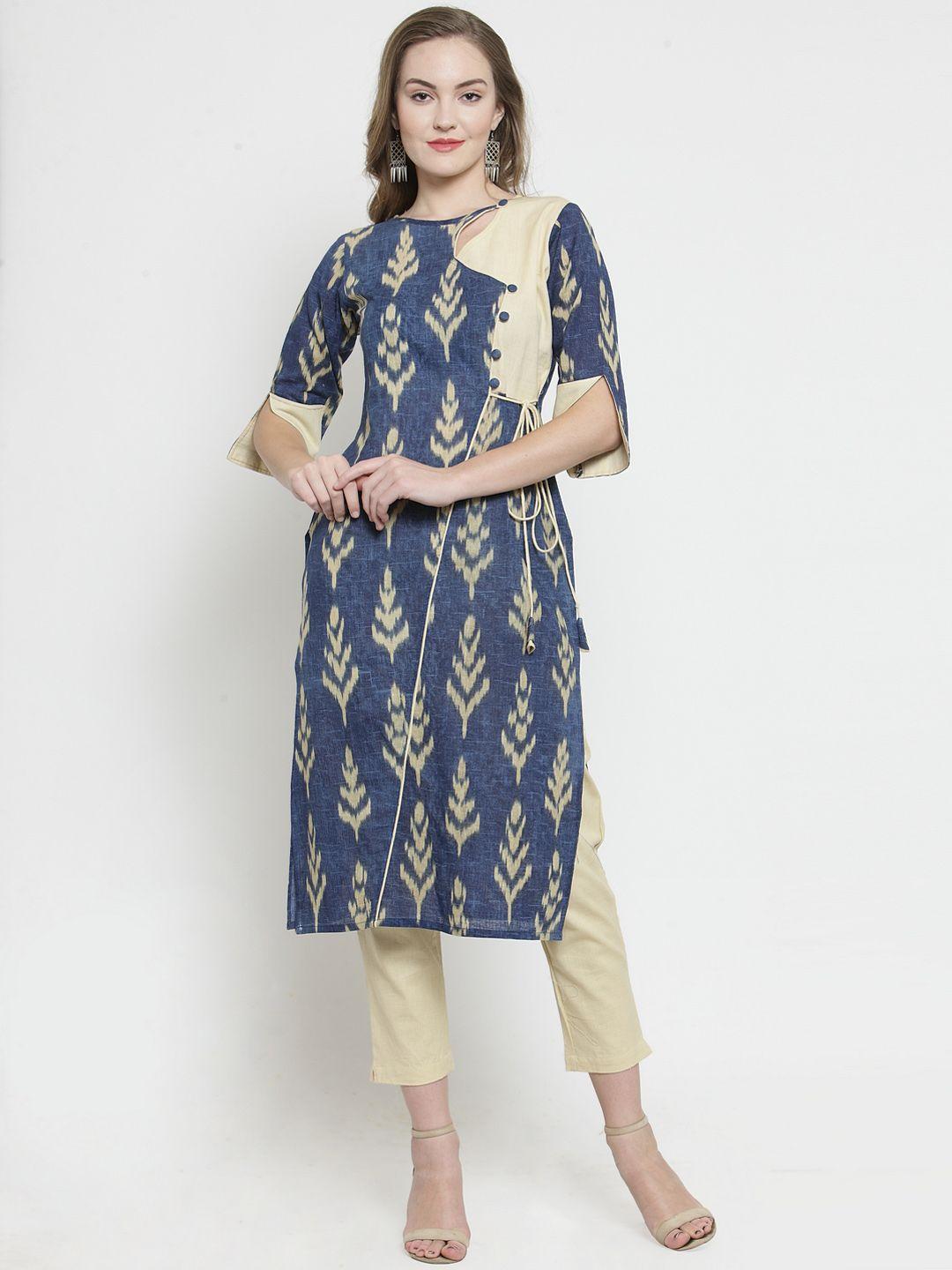 indibelle women blue & beige printed kurta with trousers