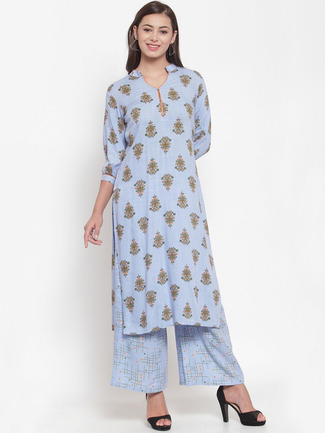 indibelle women blue & green printed straight kurta