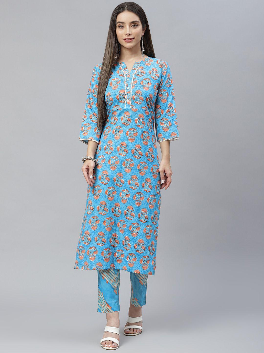 indibelle women blue & pink floral printed pure cotton kurta with trousers