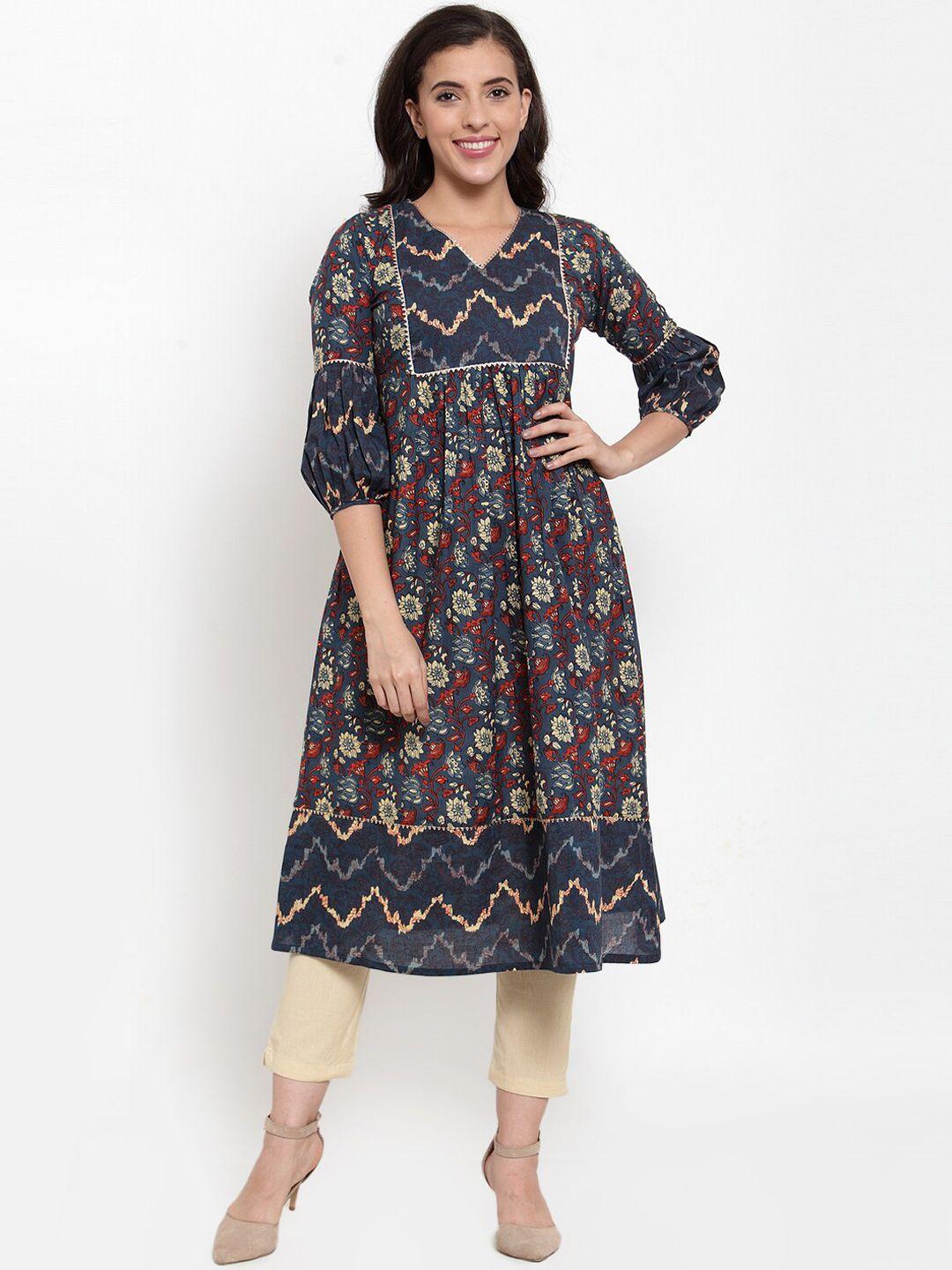 indibelle women blue printed anarkali kurta