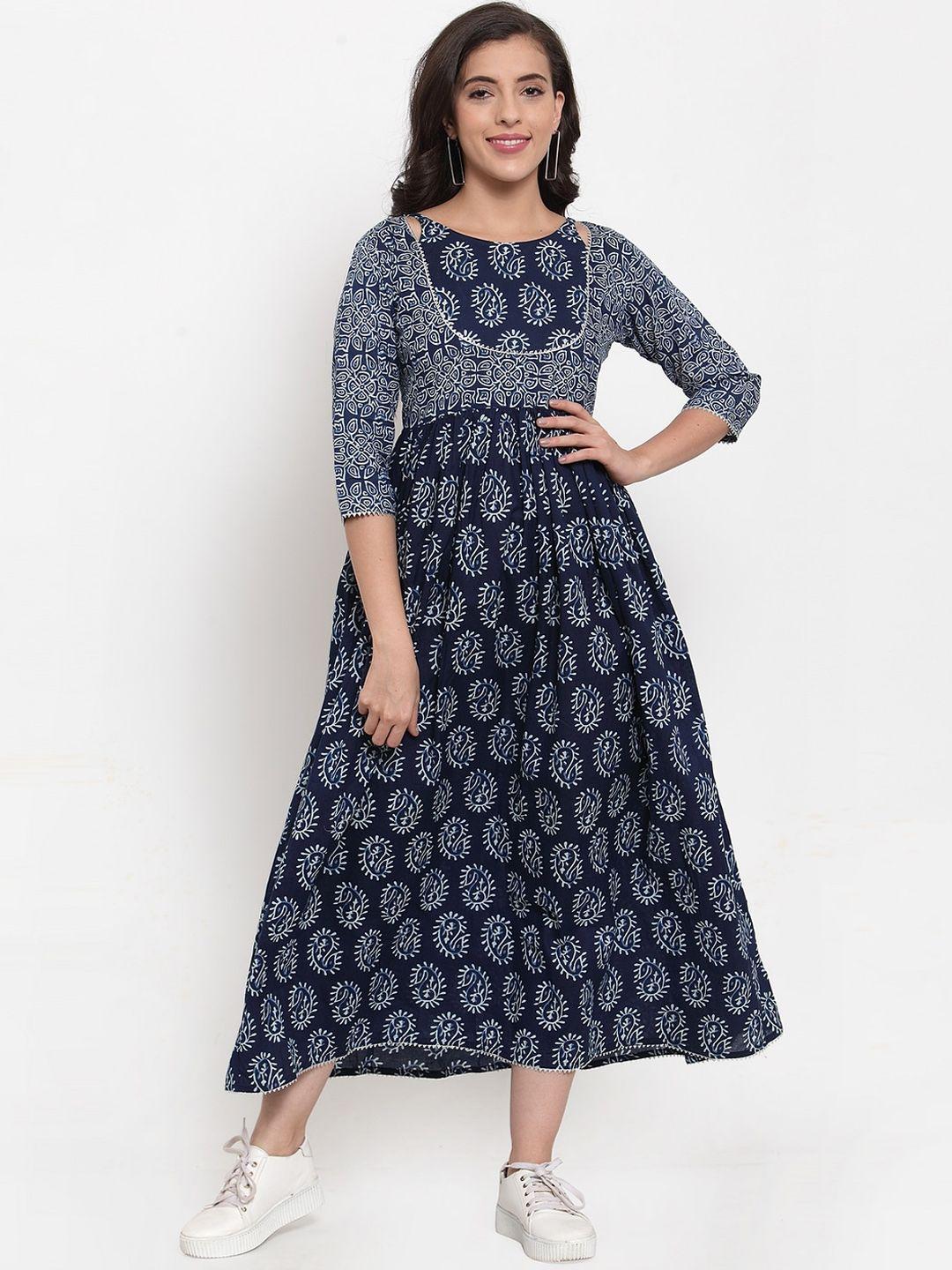 indibelle women blue printed fit and flare dress