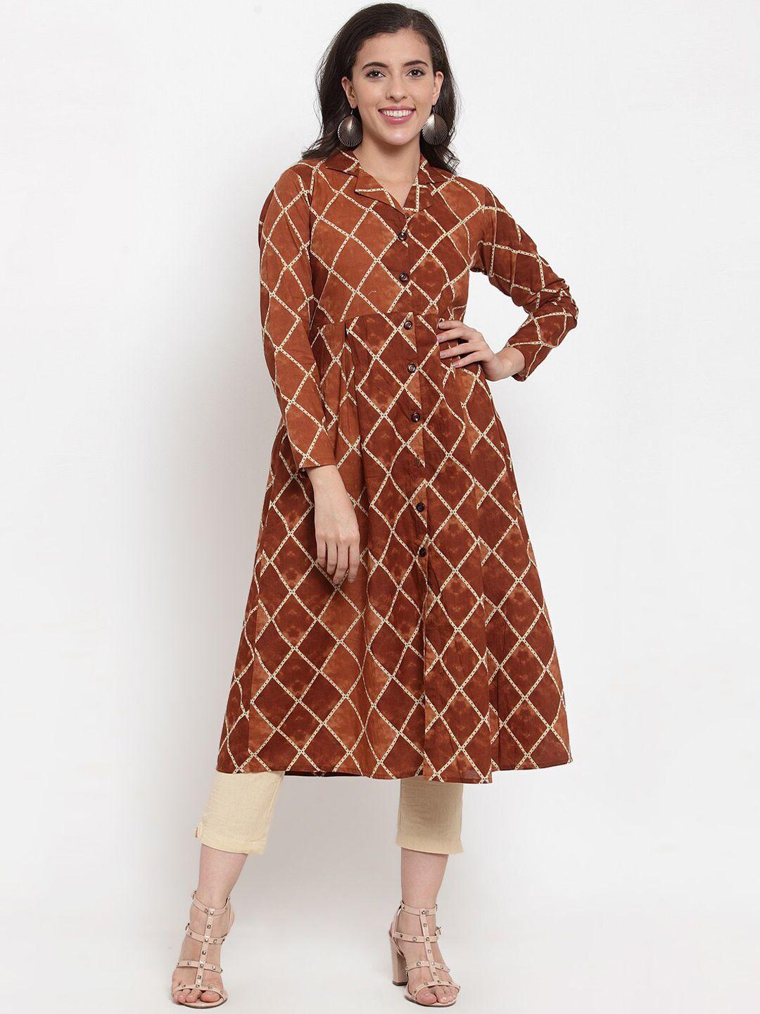 indibelle women brown & cream-coloured printed kurta with trousers