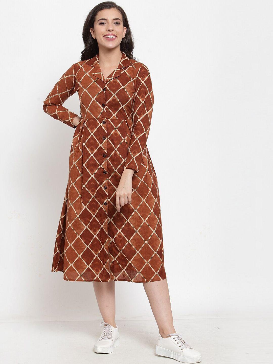 indibelle women brown checked a-line dress