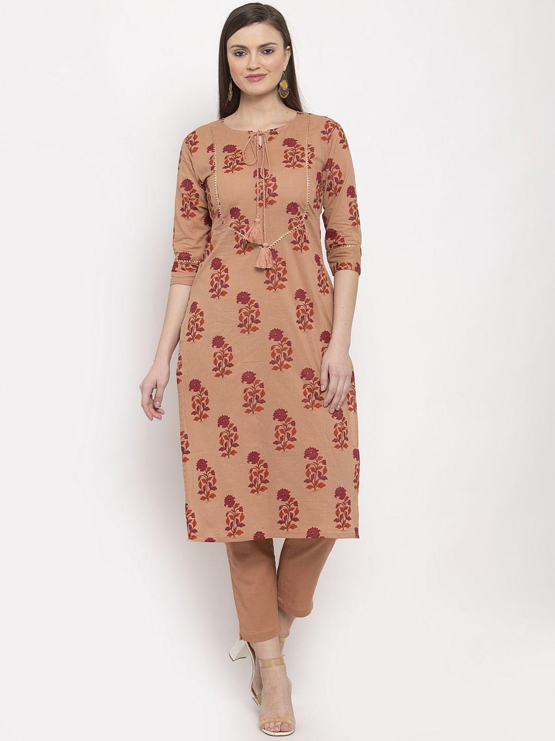 indibelle women brown printed a-line kurta