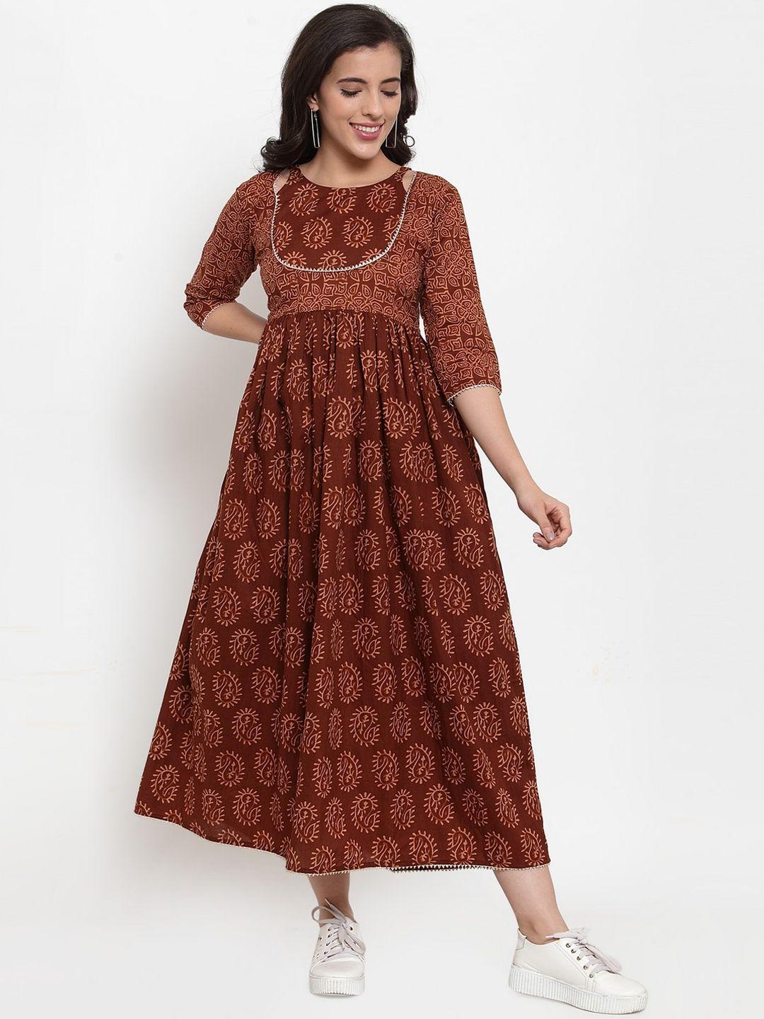 indibelle women brown printed fit and flare dress