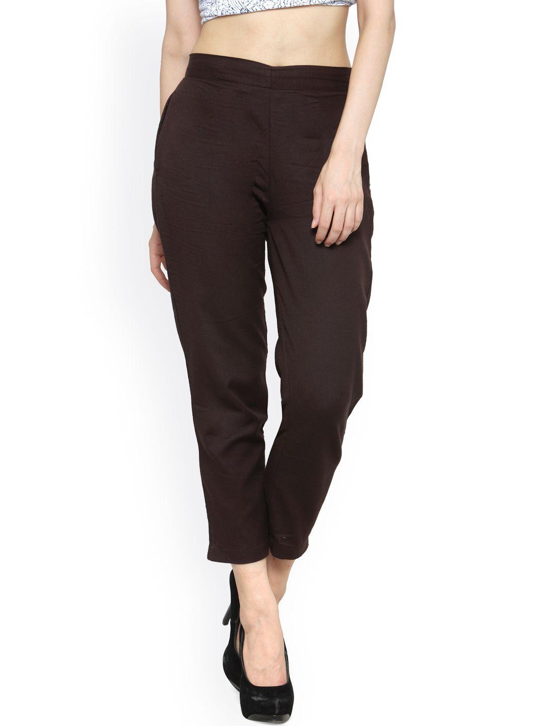 indibelle women brown smart tapered fit solid peg trousers