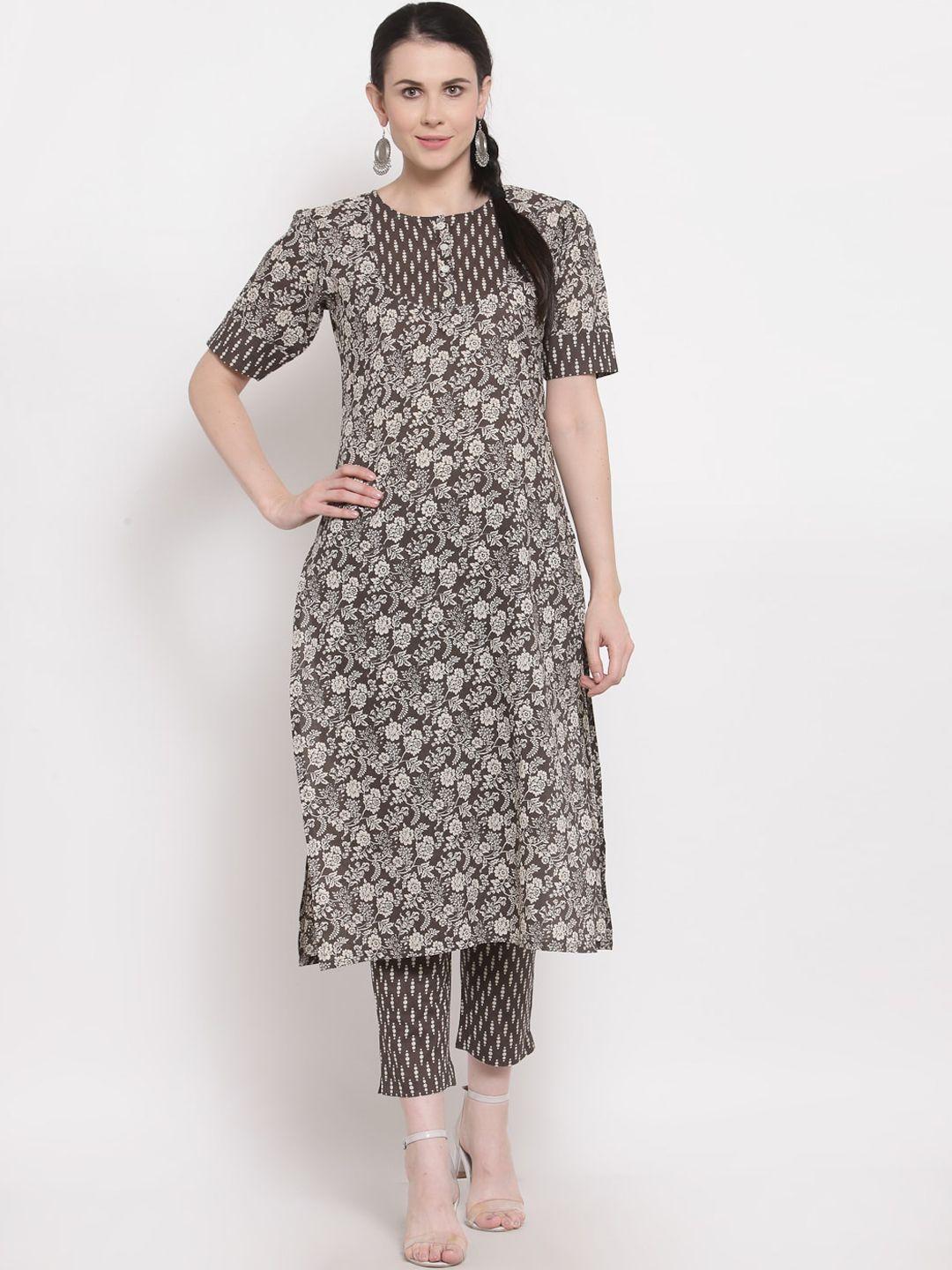 indibelle women coffee brown & grey floral screen printed cotton straight kurta