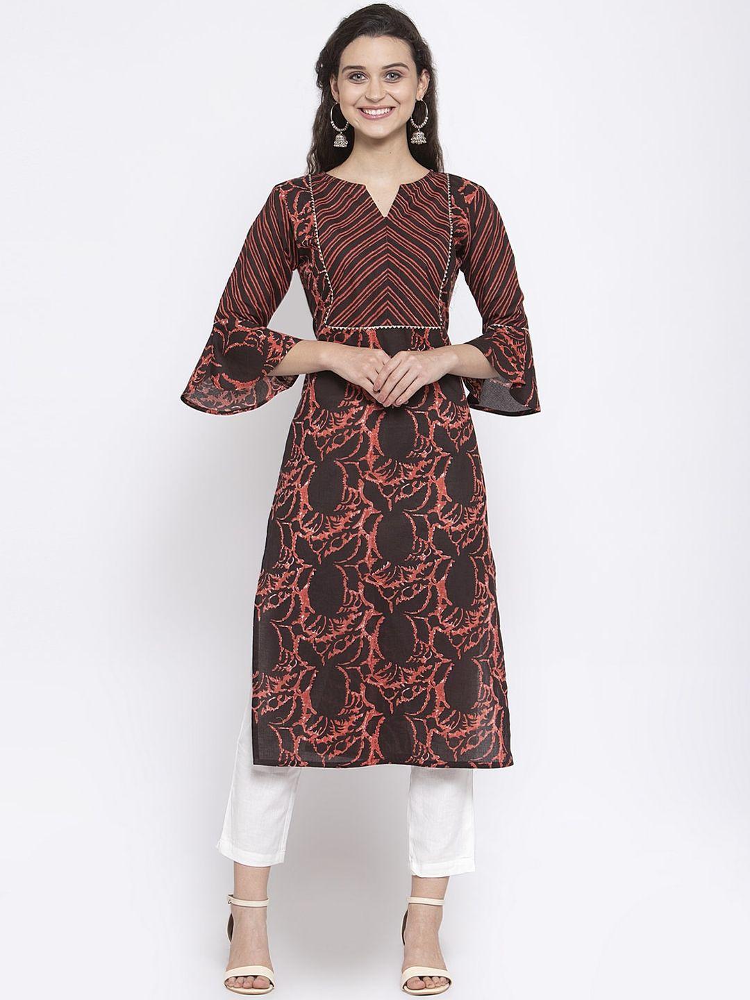 indibelle women coffee brown printed flared sleeves kurta