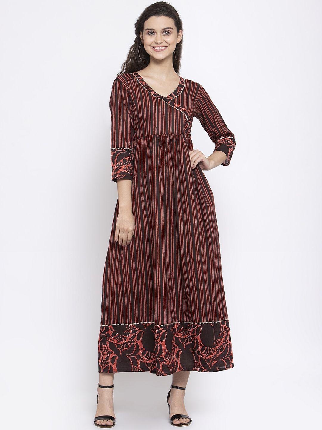 indibelle women coffee brown striped printed maxi dress