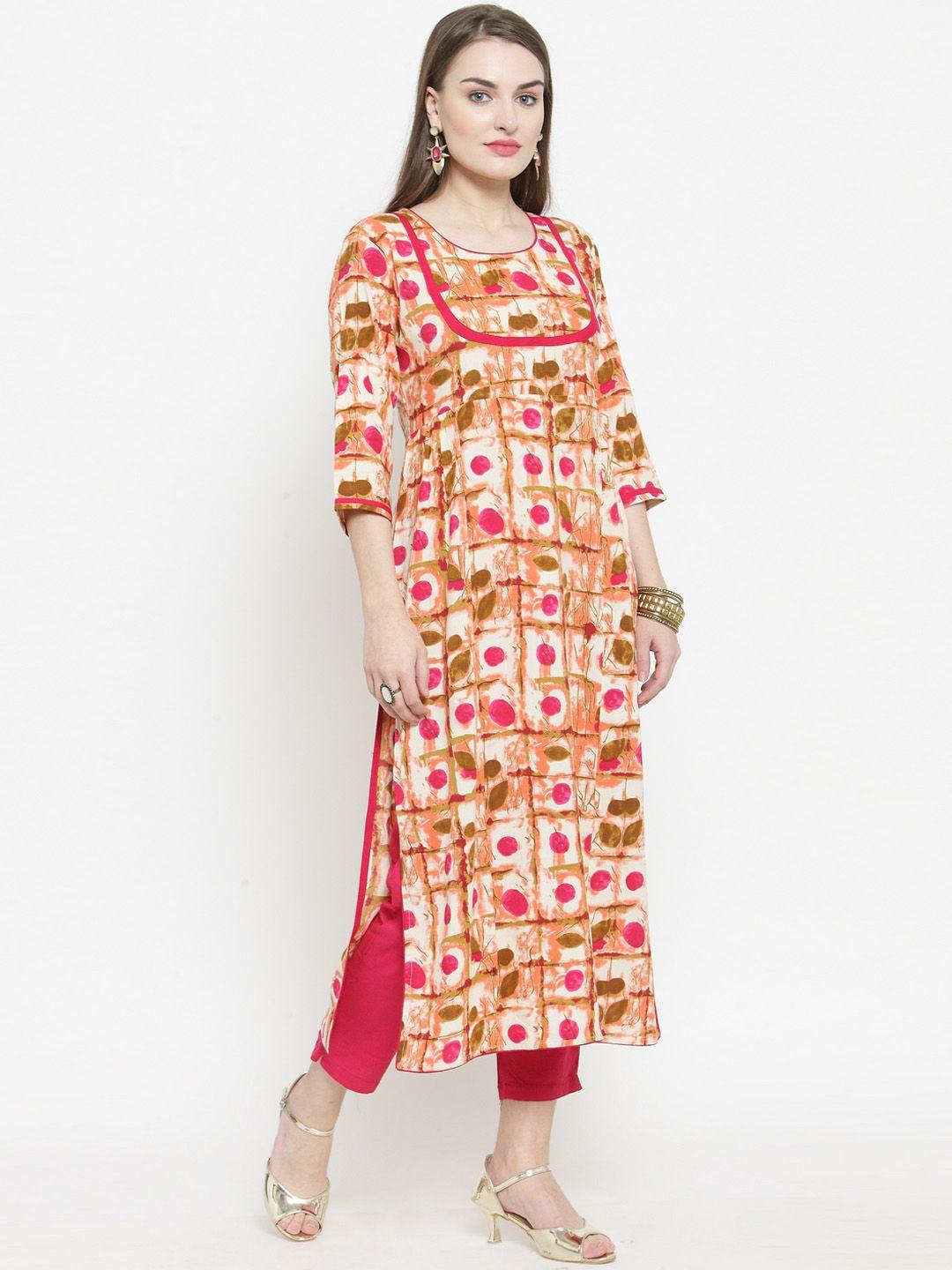 indibelle women cream-coloured & pink printed straight kurta