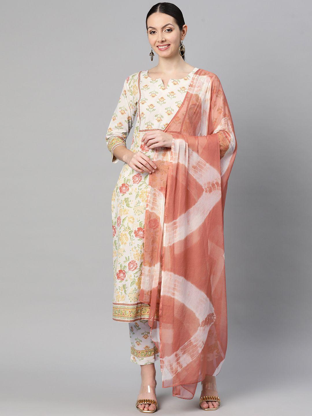 indibelle women floral printed regular pure cotton kurta with trousers & dupatta