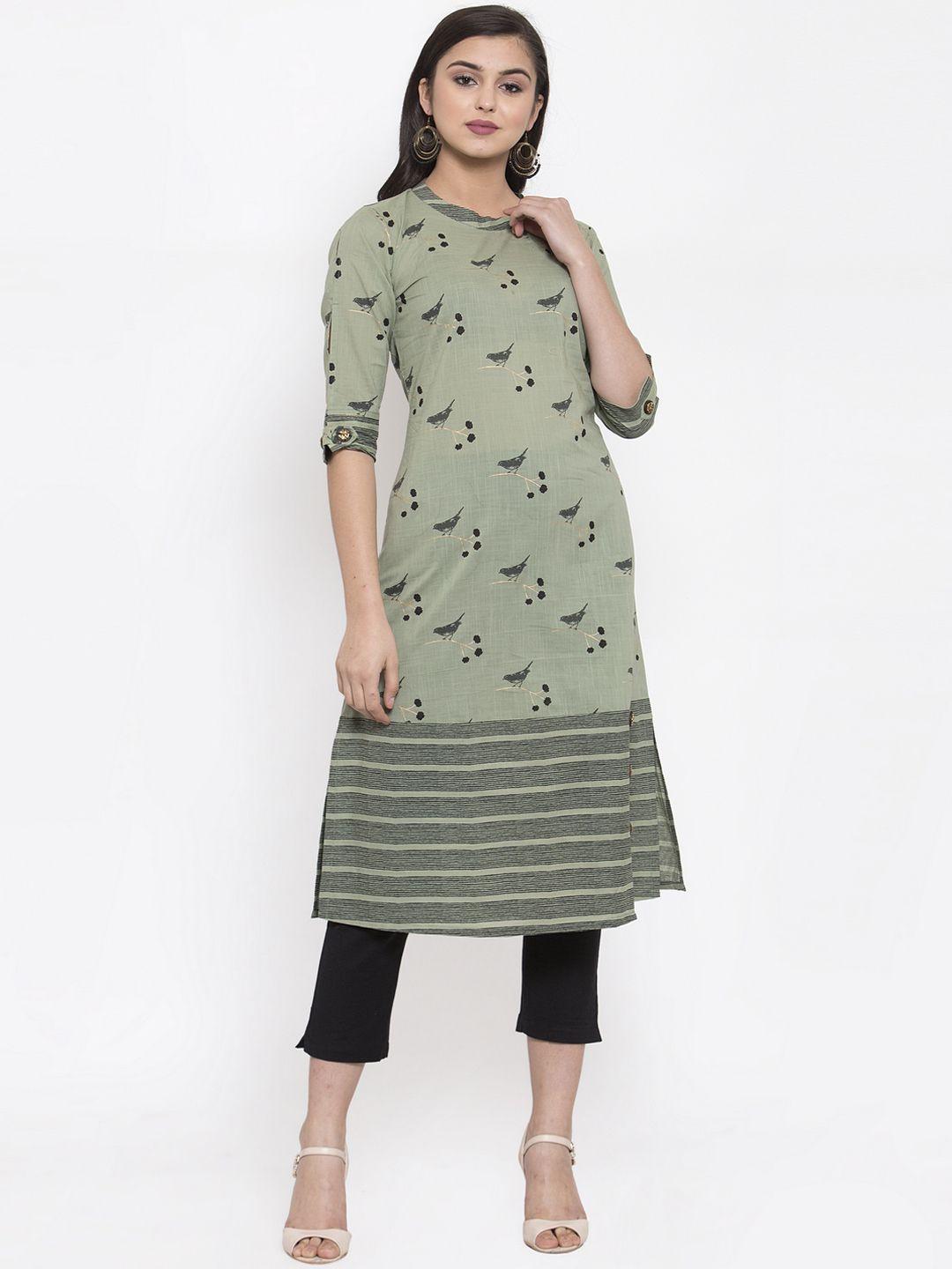 indibelle women green & black printed kurta with trousers