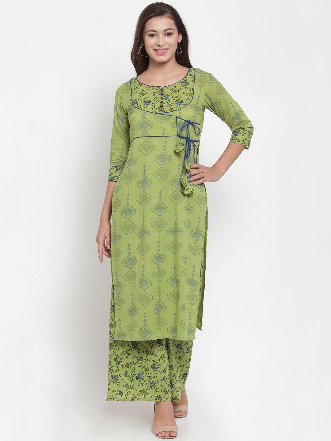 indibelle women green & blue printed straight kurta