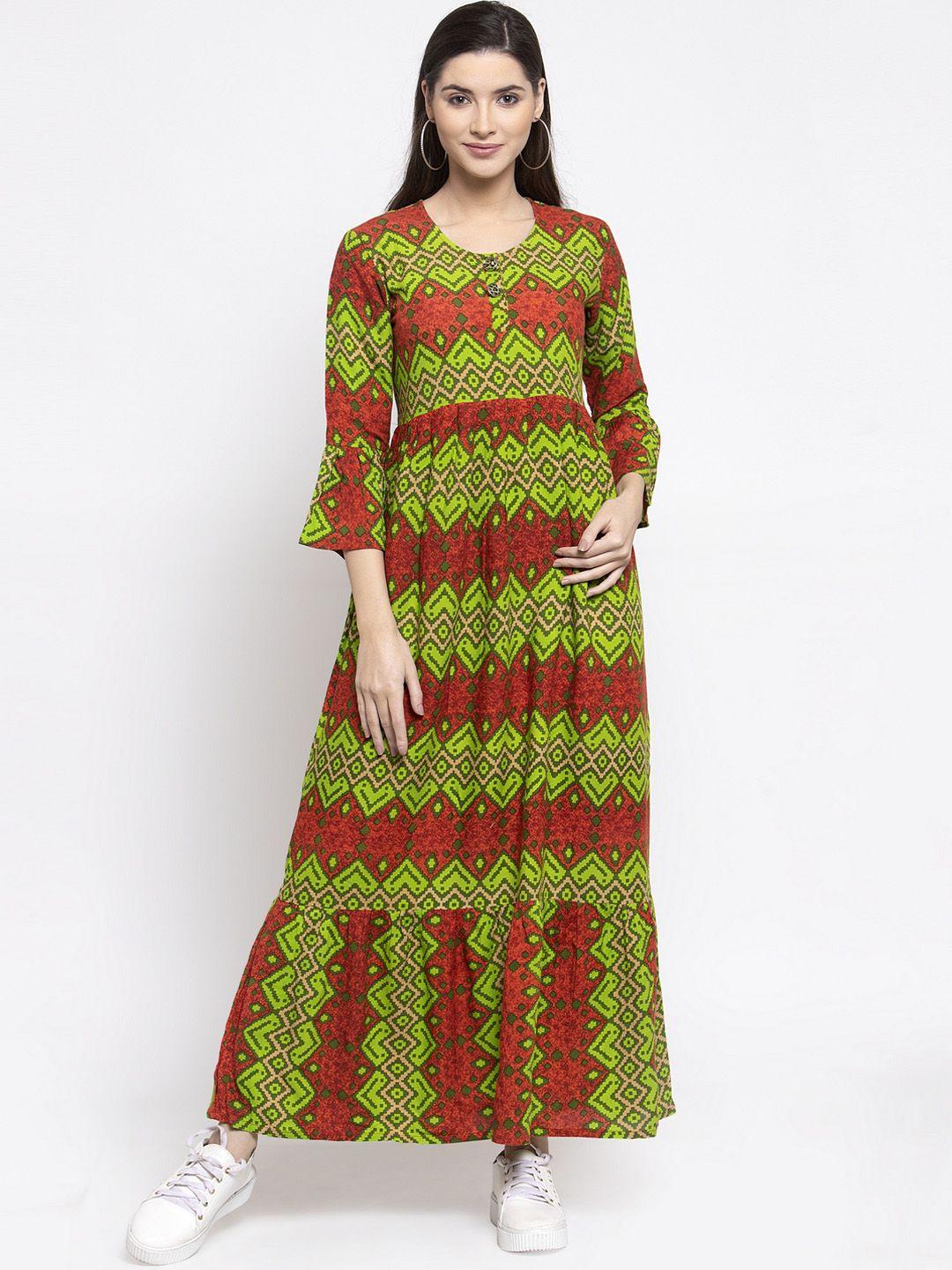 indibelle women green & brown printed maxi dress