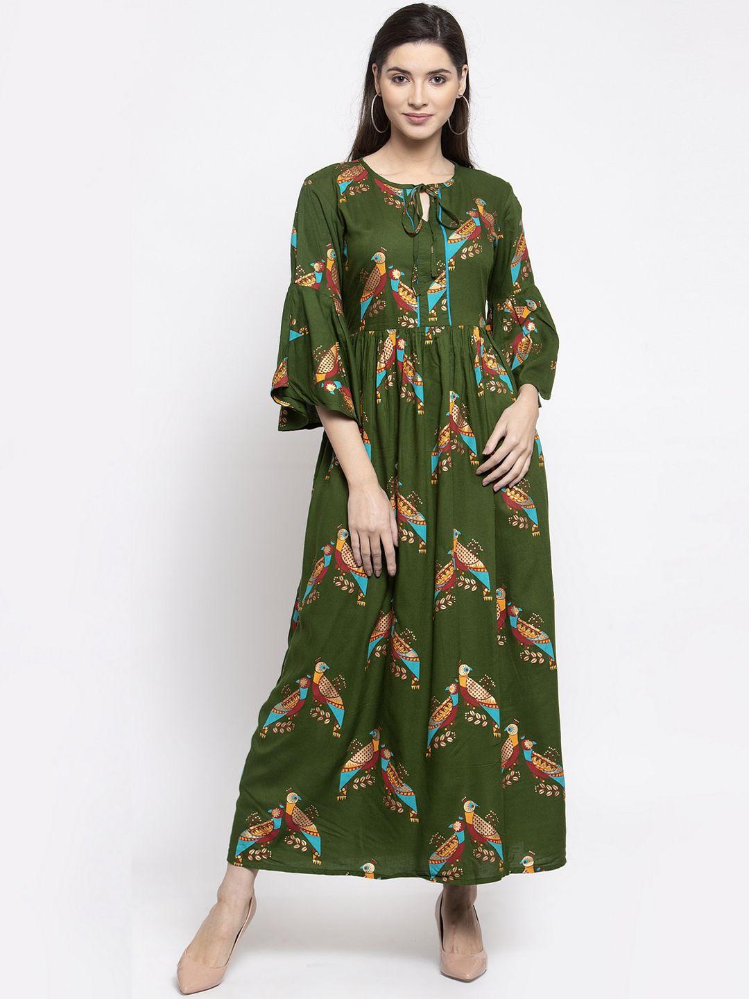 indibelle women green & orange birds printed maxi dress