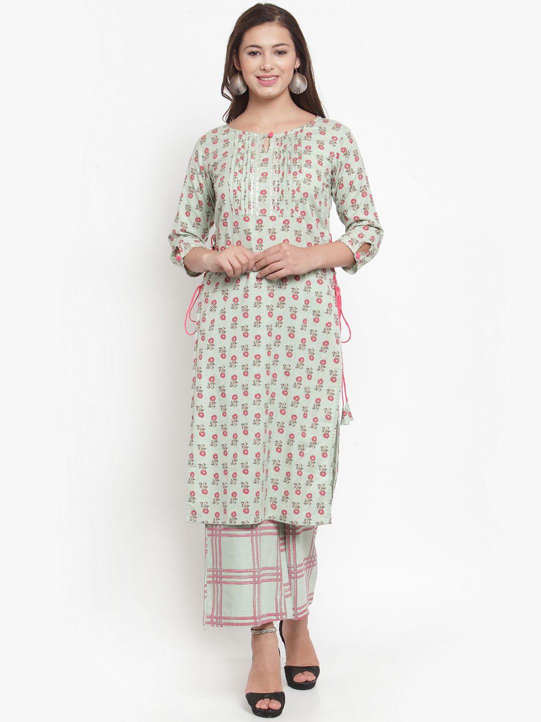 indibelle women green & pink printed straight kurta