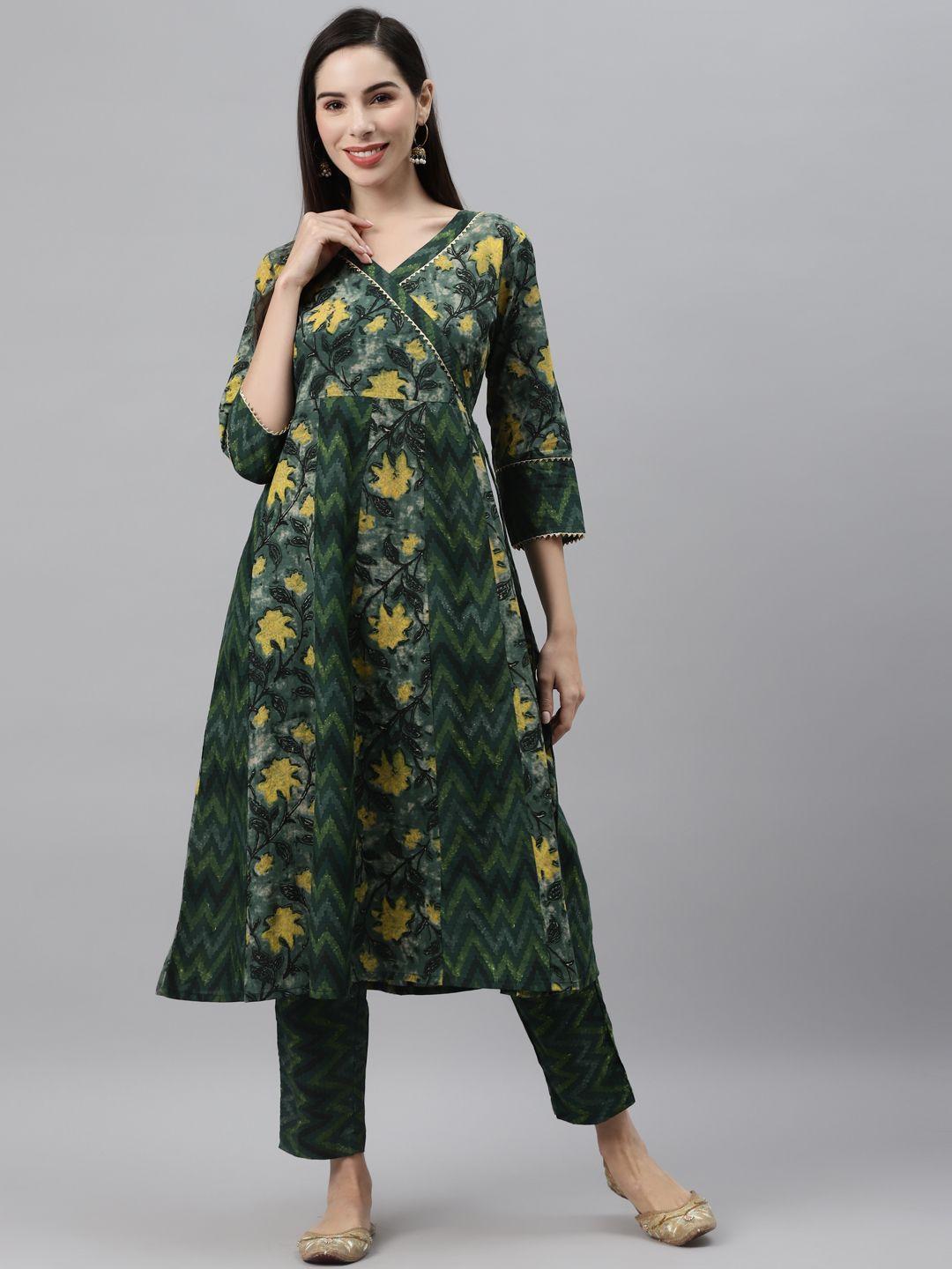 indibelle women green & yellow ethnic motifs printed kurta
