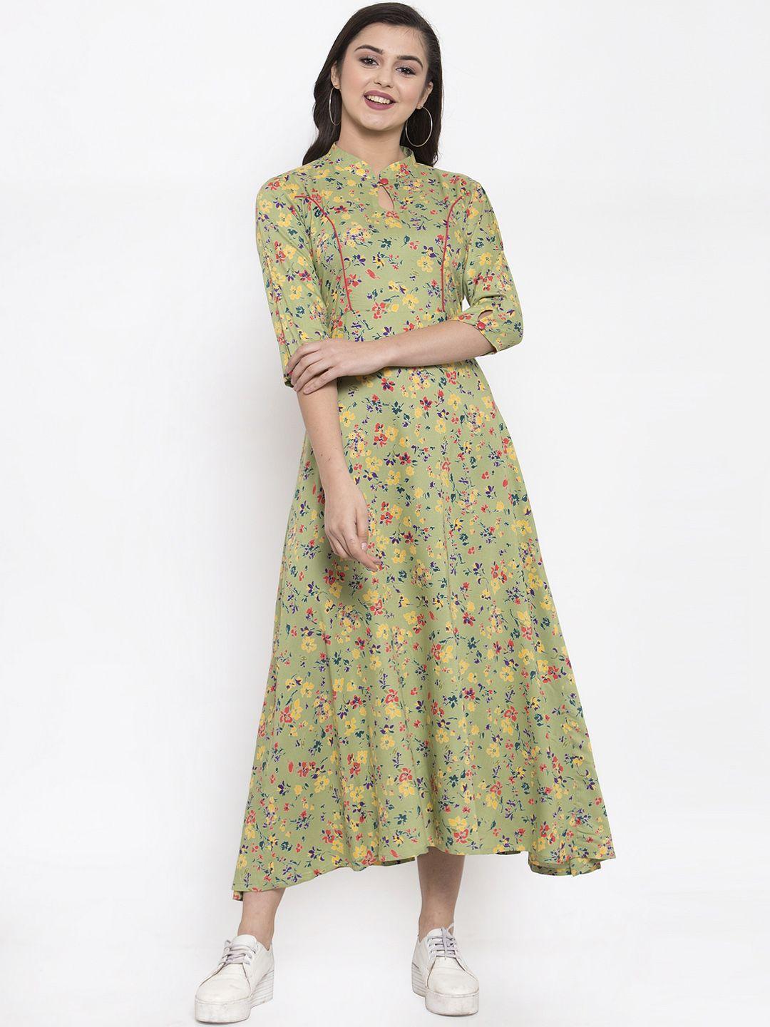 indibelle women green & yellow printed fit and flare dress